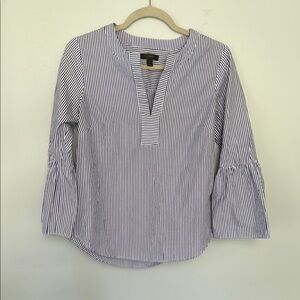 J. Crew White and Gray Smocked 3/4 Sleeve Blouse
